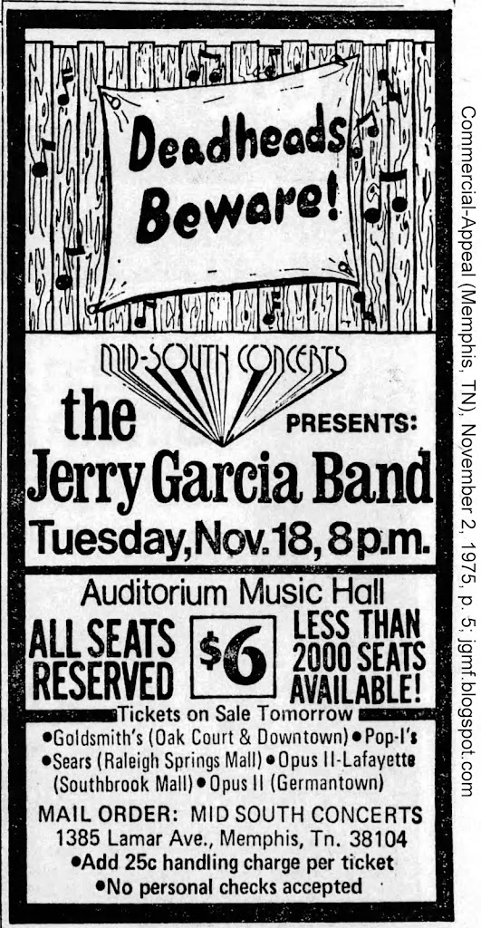 JGB at the Auditorium Music Hall, Memphis, TN, November 18, 1975 (CXL)